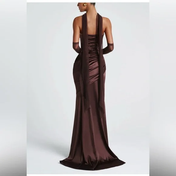 Brown Satin Halter-Back Maxi Dress - Picture 1 of 7